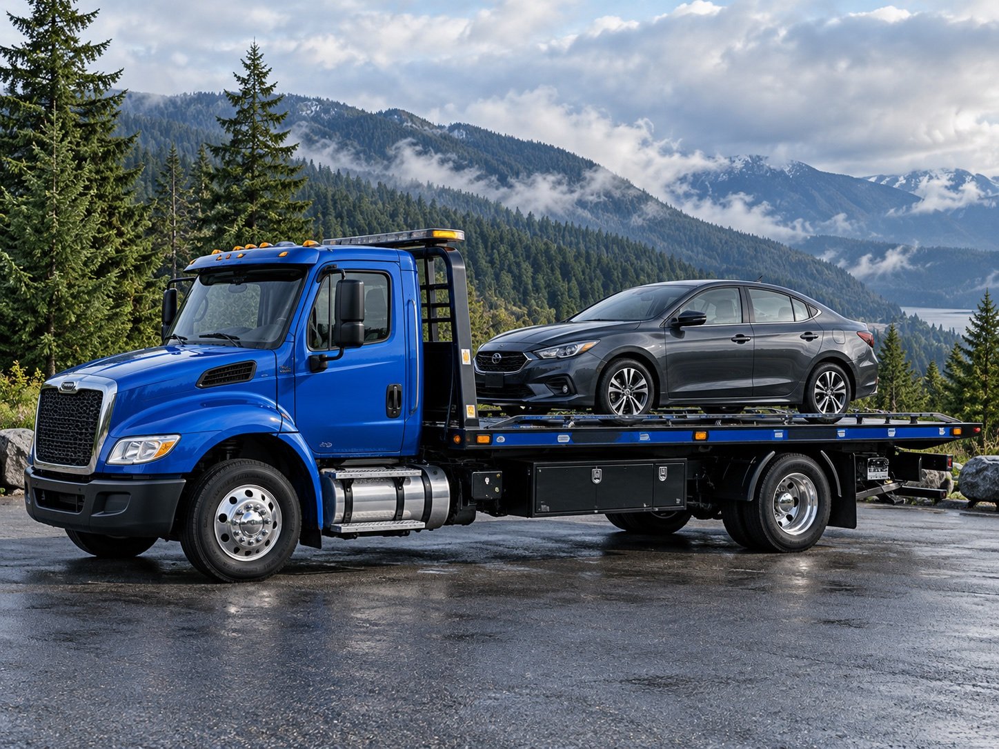 Blue flatbed truck carrying a gray sedan.